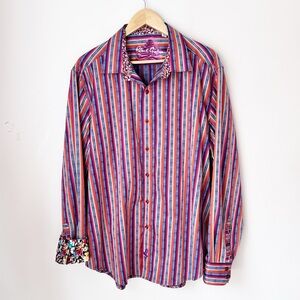 Robert Graham Striped Multi-color Button Down Shirt with Floral Cuff 2XL Cotton
